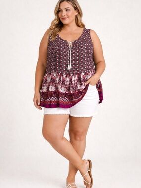 BUNULU Boho Tank Top 2X Sleeveless Tassel Tie Flowy Plus Size Blouse